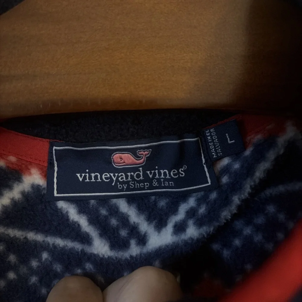 Men's Vineyard Vines Fair Isles Fleece Pullover Sweater 1/4 Zip Blue Red Large